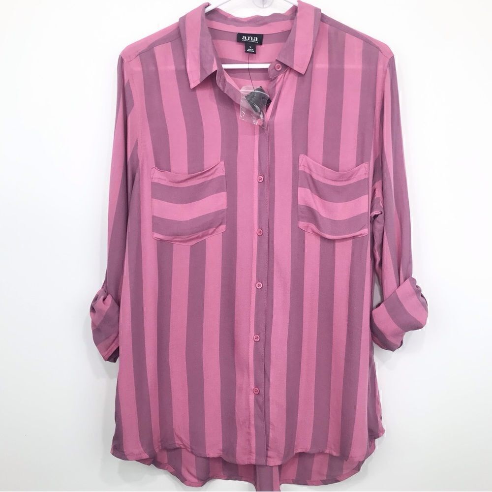 A.N.A. Pink Striped Button Up Lightweight Roll tab Long Sleeve Blouse- NEW